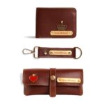 Personalized Leather Wallet, Keychain & Pouch Combo